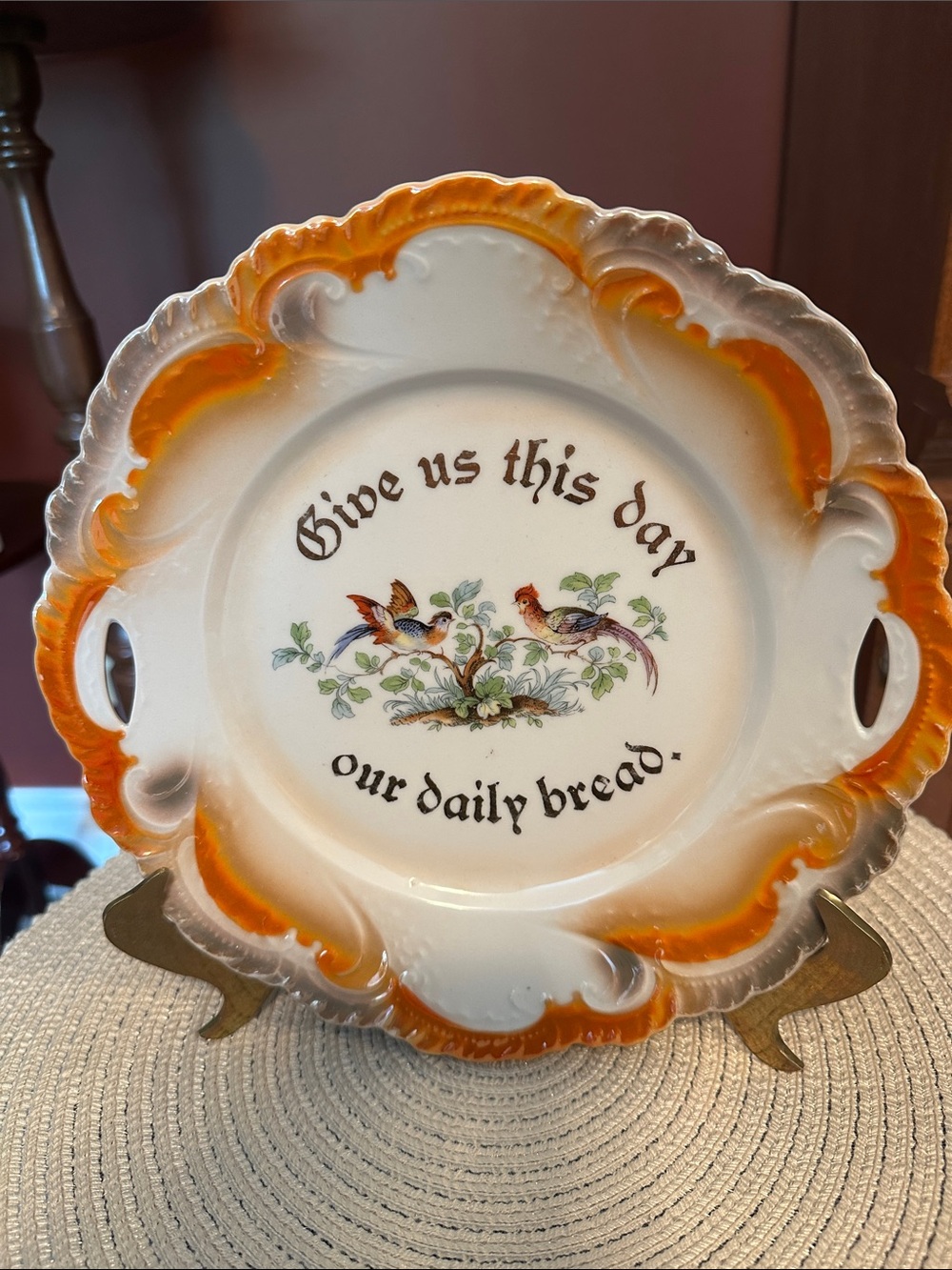 Vintage White and Orange Ceramic Bread Plate with Birds Design